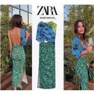ZARA Blue Green Floral Print Cutout Dress Midi 8960/634/445 Bloggers favorite